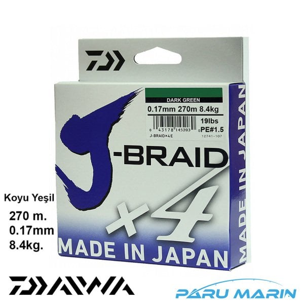 Daiwa J-Braid x4 Koyu Yeşil 270 Mt. 0.17mm 8.4kg. İp Misina