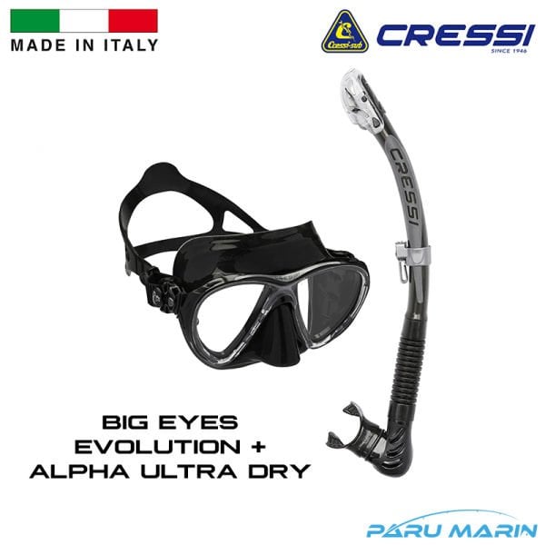 Cressi Combo Big Eyes Evolution + Alpha Ultra Dry Dalış Seti Black Black
