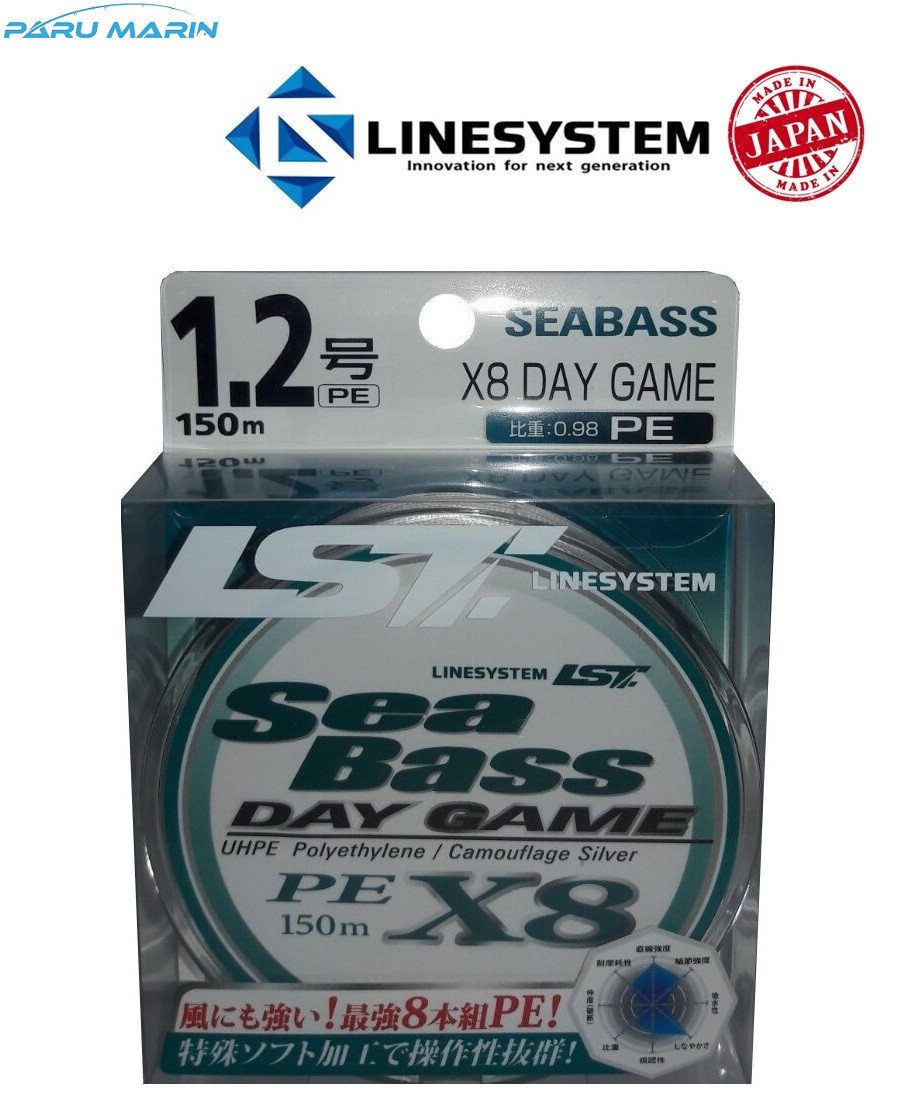 Linesystem Seabass Day Game X8 PE 1.2  0,18mm.  24Lb.  11,0kg. 150mt.