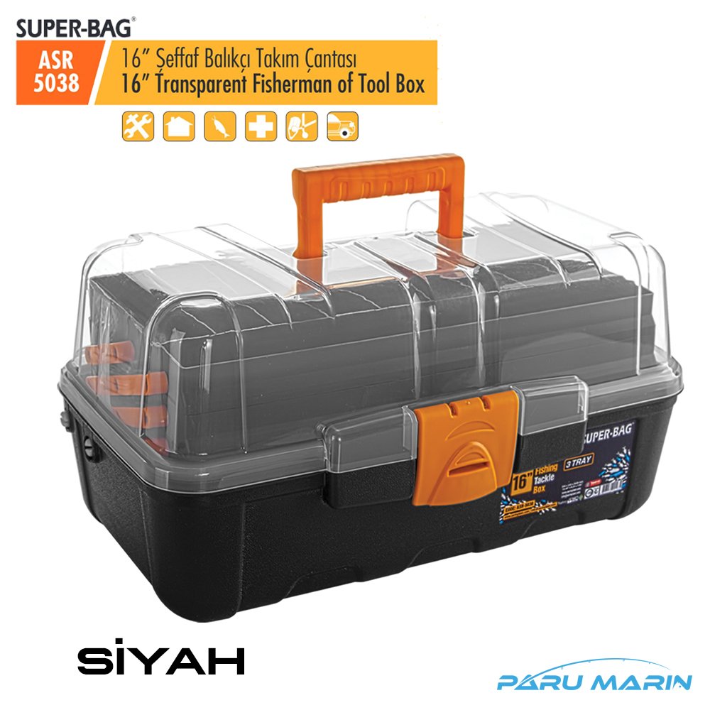 Super Bag ASR-5038 16'' Şeffaf Kapaklı Balıkçı Takım Çantası SİYAH