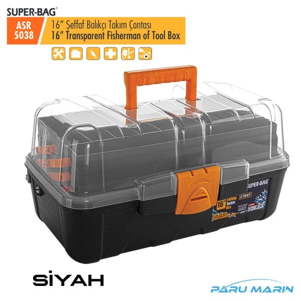 Super Bag ASR-5038 16'' Şeffaf Kapaklı Balıkçı Takım Çantası SİYAH