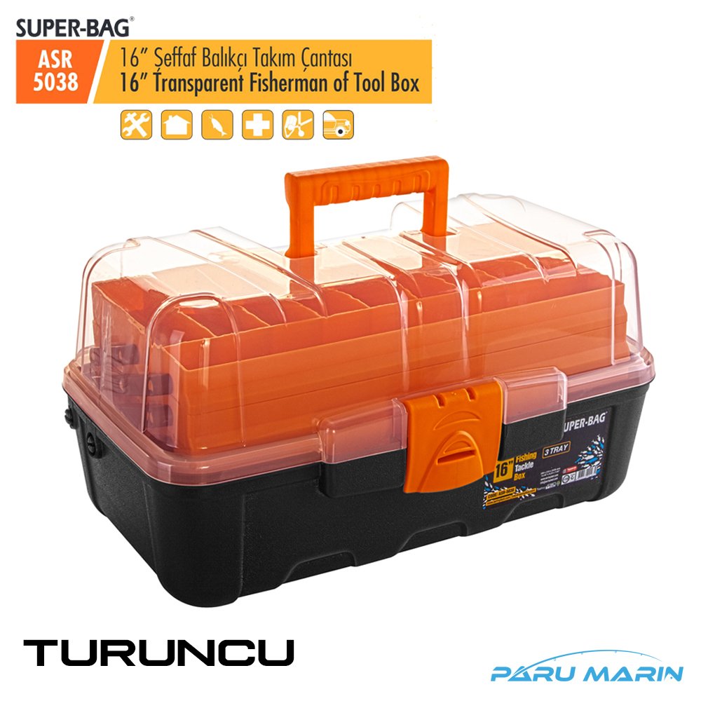 Super Bag ASR-5038 16'' Şeffaf Kapaklı Balıkçı Takım Çantası TURUNCU