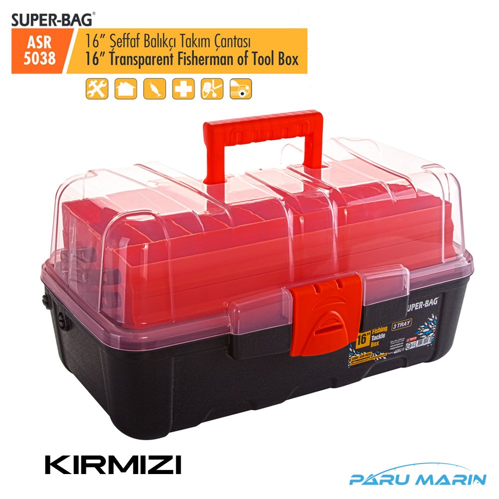 Super Bag ASR-5038 16'' Şeffaf Kapaklı Balıkçı Takım Çantası KIRMIZI