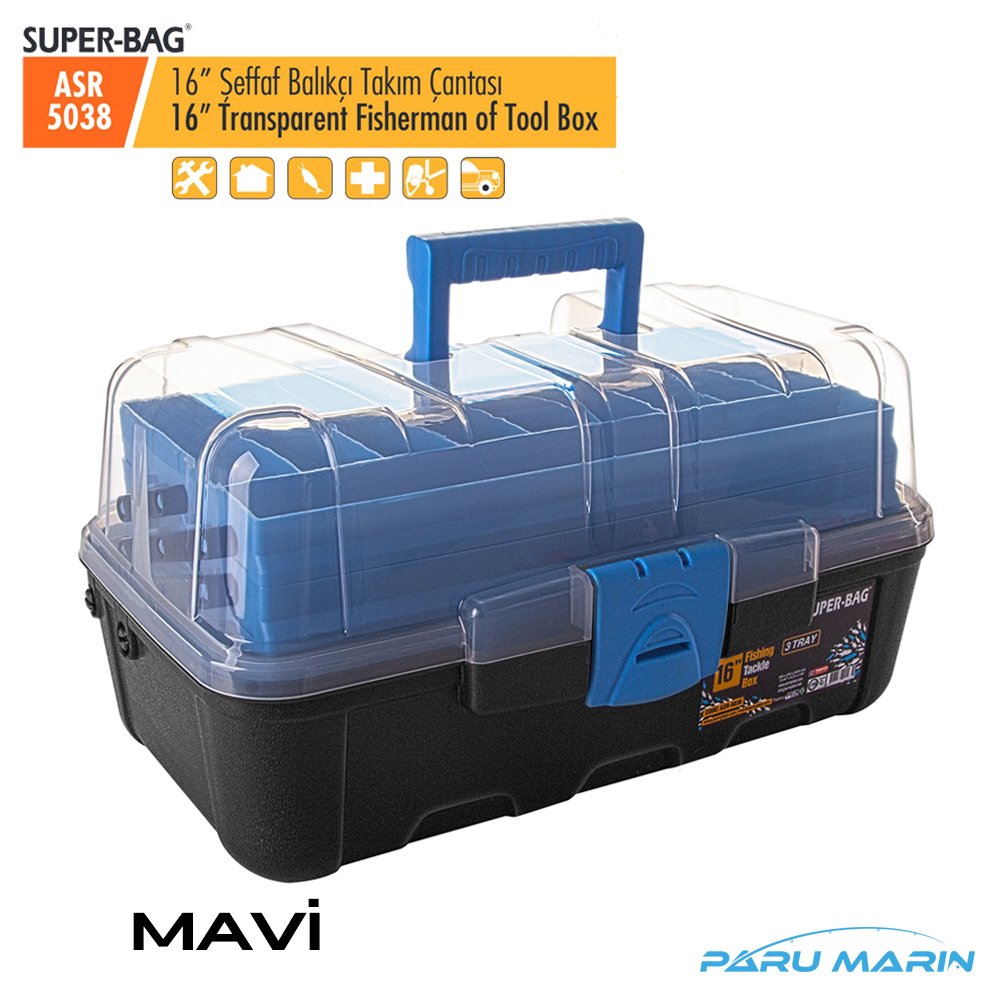 Super Bag ASR-5038 16'' Şeffaf Kapaklı Balıkçı Takım Çantası MAVİ